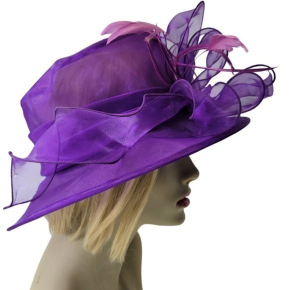 Purple Dress Hat Crushable Packable Deep Purple Satin Band and Pink Feathers - Picture 2 of 15